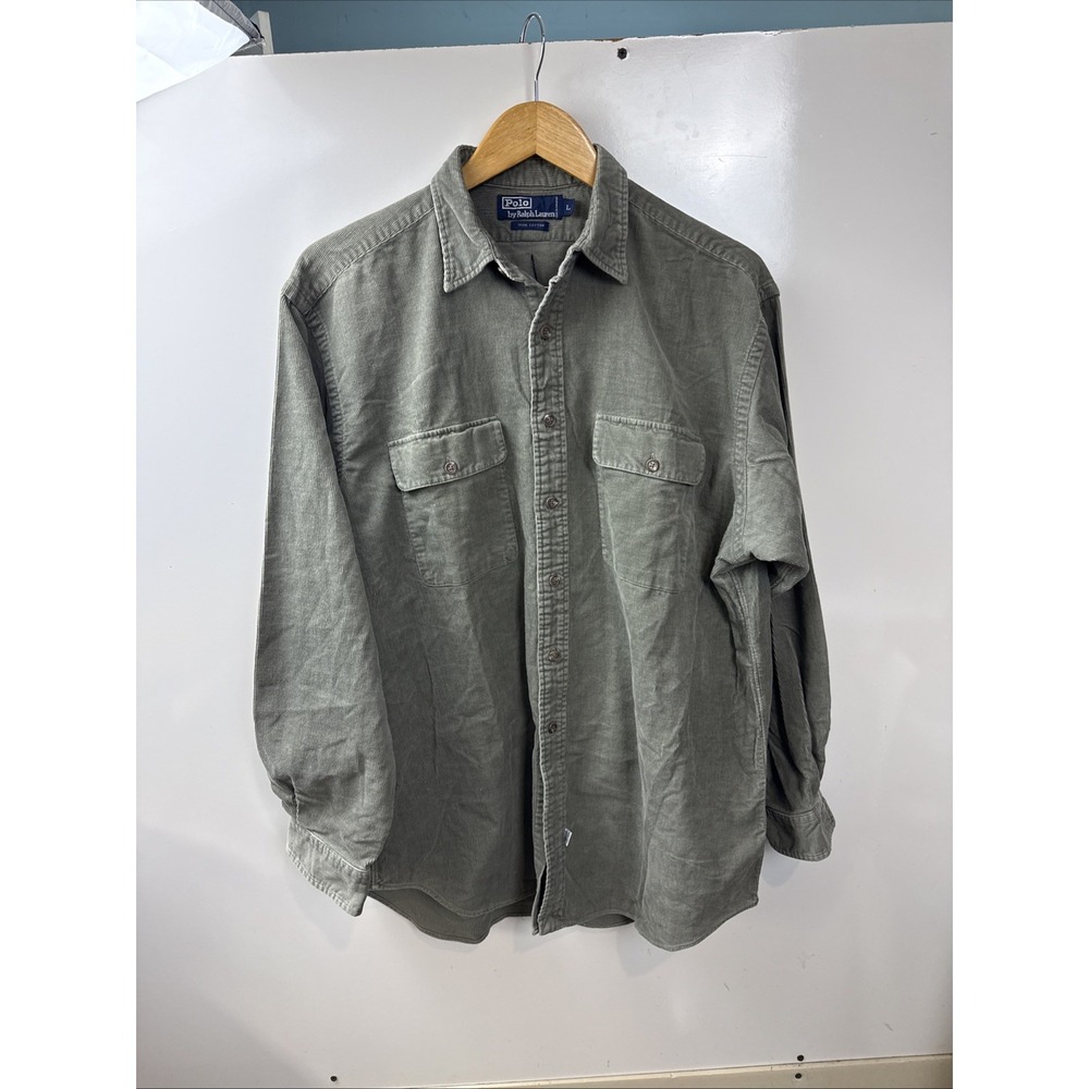 Polo Ralph Lauren corduroy shirt Mens Large 100% Cotton Two Pocket Button Green